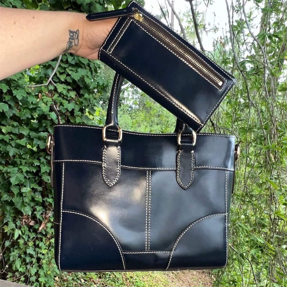 DOONEY & Bourke Leather Handbag Selleria Jayne Navy Leather Satchel Bag & Wallet - Picture 2 of 8